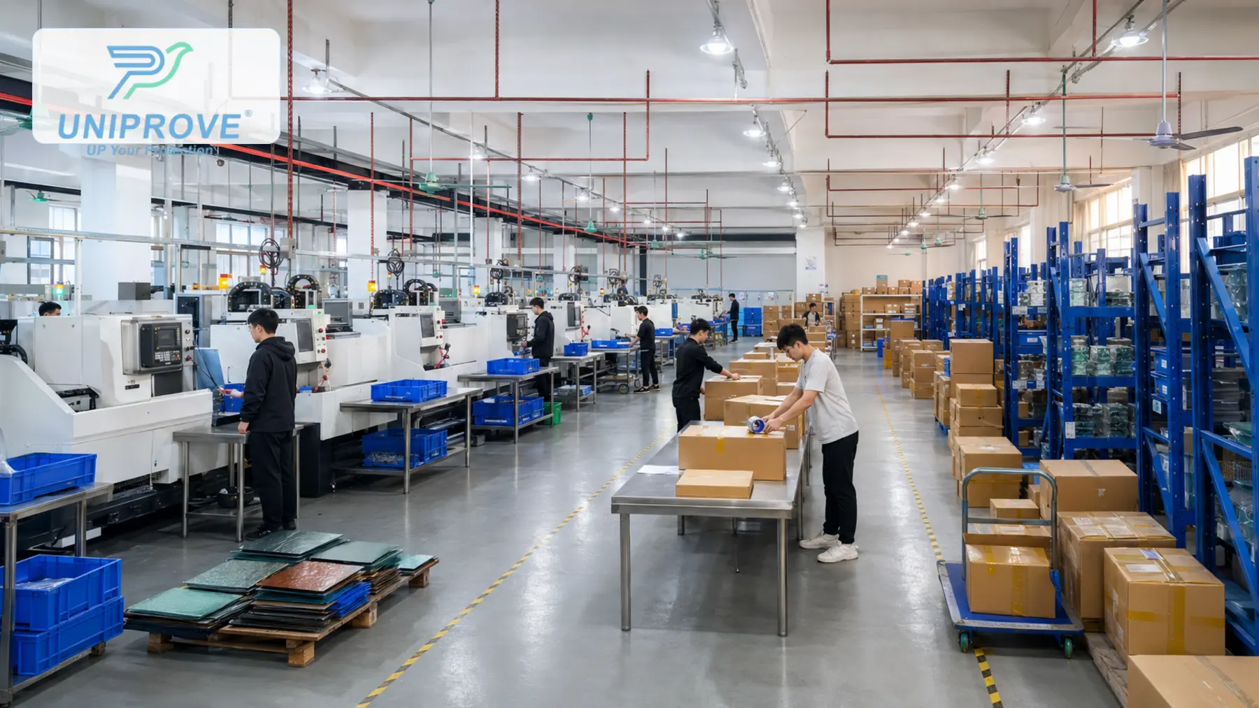 UNIPROVE production floor, packing operation and finished-goods warehouse